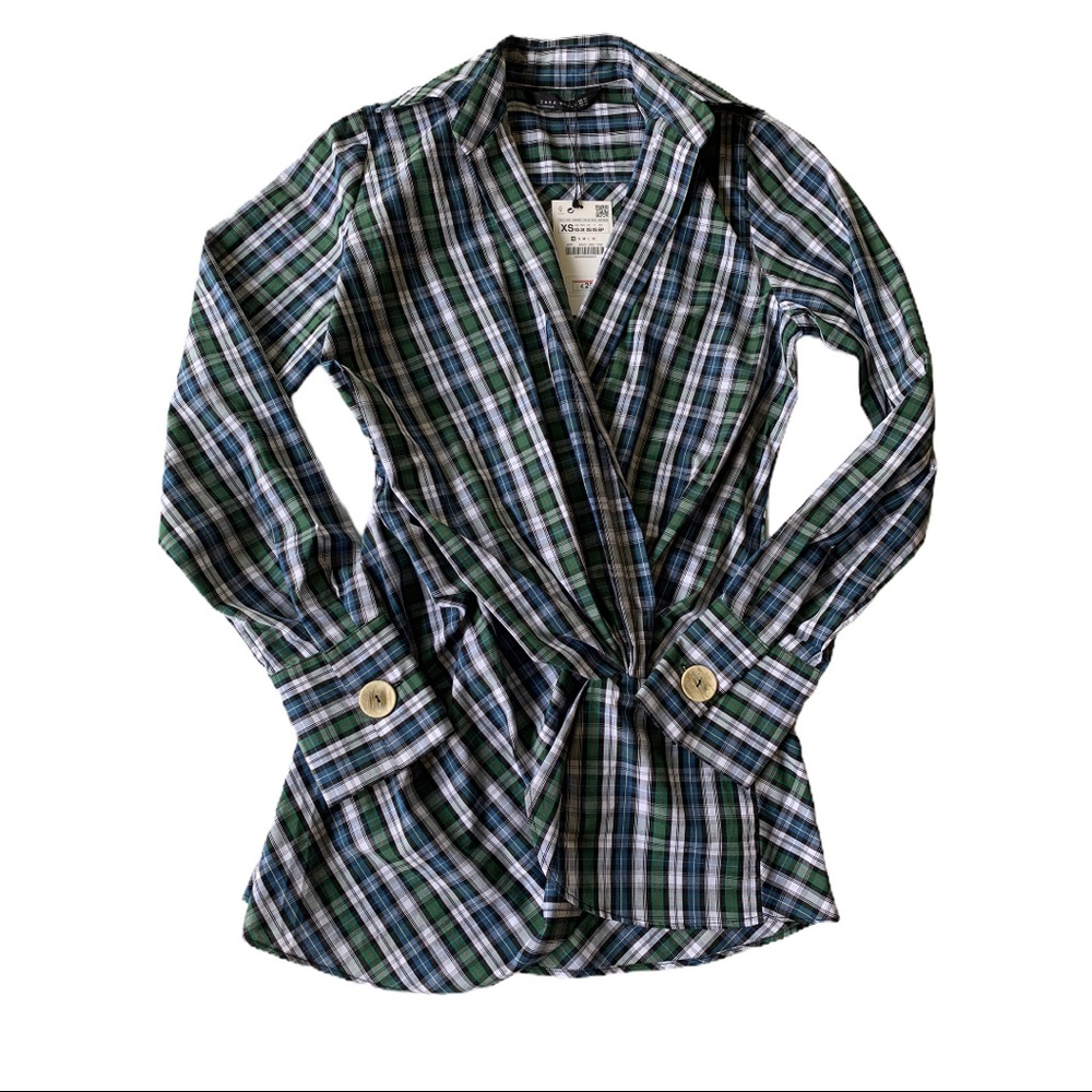 Zara Draped Front Plaid Long Sleeve Shirt Size XS